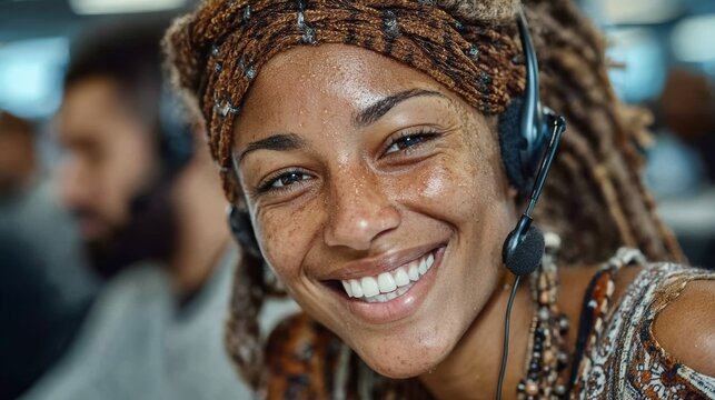 Smiling african call center agent with headset in a busy office delivering friendly customer service