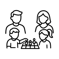 Family playing a board game line art icon in black and white illustration