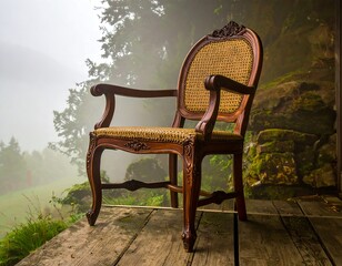 Wooden chair on a foggy deck