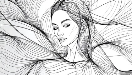 Fototapeta premium Serene Woman's Portrait: Abstract Line Art with Flowing Hair