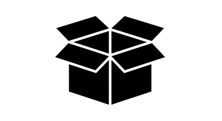 Black and White Open Cardboard Box Icon Illustration.