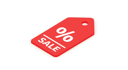 Isometric red sale tag with a white percentage symbol and the word SALE for discounts and promotions.