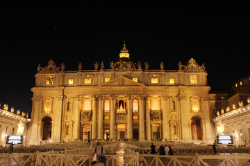 Obraz premium St Peters Basilica facade at night Vatican City Rome Christmas season lights. High quality photo