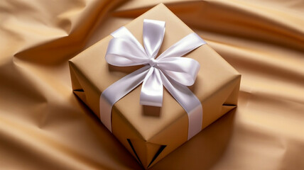 Square Gift Box Wrapped in Gold Paper Tied with a White Satin Ribbon Bow present