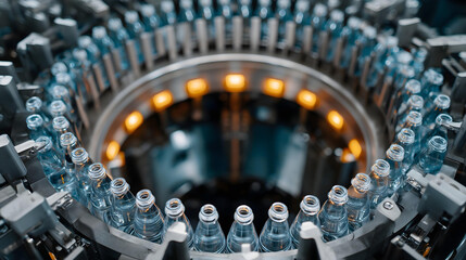 Top-down drone shot of a high-speed bottling line for soft drinks or water. 