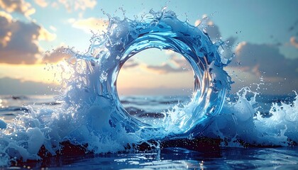 Aqua Torus Vortex Splashing Water Against Horizon and Warm Sunset Light with Pixelated Waves Creating Dramatic Circular Portal Effect