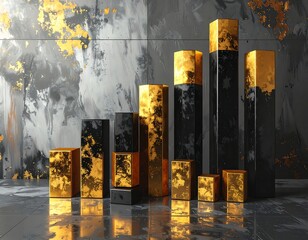 Modern gold and black geometric shapes on a marble background