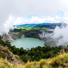 Panoramic view of a crater lake surrounded by lush vegetation and clouds