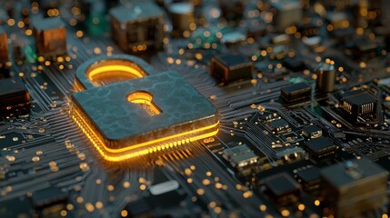 Secure digital data protection with glowing padlock on intricate circuit board network