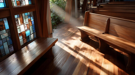 High-angle view of a beautiful, empty church or temple, sunlight streaming through the stained glass windows.