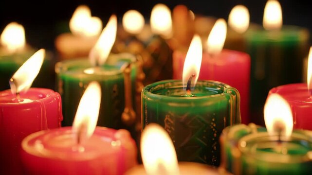 Holiday candles burn in dark background with blurry light points for seasonal decoration, memorial - Powered by Adobe