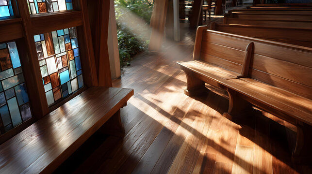 High-angle view of a beautiful, empty church or temple, sunlight streaming through the stained glass windows.