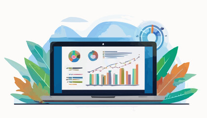 Flat design laptop with charts vector, white background