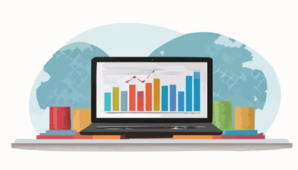 Flat design laptop with charts vector, white background
