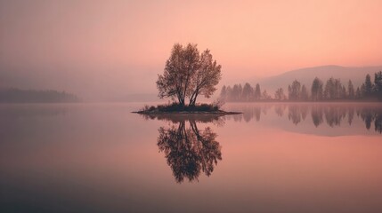 Obraz premium Misty dawn, solitary tree island lake reflection