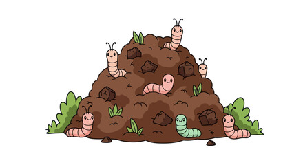 Cute Cartoon Earthworms Wiggling in Soil Pile with Green Sprouts.