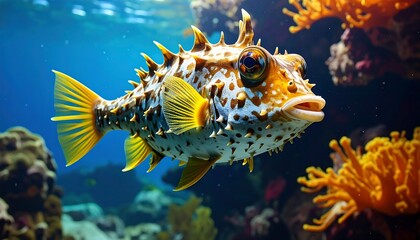 Obraz premium A vibrant pufferfish, showcasing its striking yellow fins and spiky body, swims amongst coral in an aquarium.