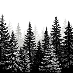 Misty Evergreen Forest Silhouettes – Winter Pine Tree Landscape Illustration