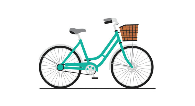 Teal-Colored Bicycle with Basket Classic Design Isolated on White.