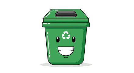 A cute green cartoon recycling bin with a smiling face and a recycling symbol.
