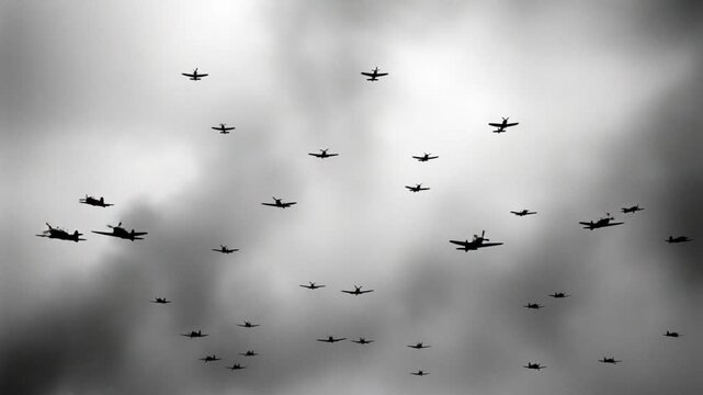 Monochrome shot of many planes flying in formation against a cloudy sky in an aerial display event