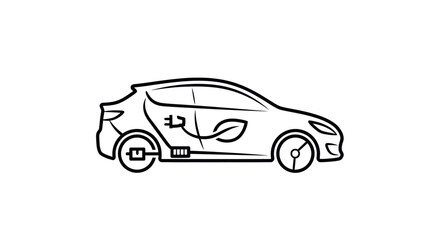 Outlined Electric Car with Eco-Friendly Leaf and Plug Symbol.