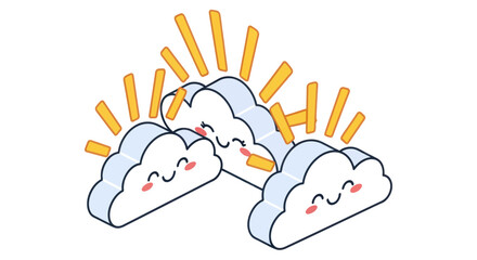 Cute Isometric Cartoon Clouds with Smiling Faces and Bright Sun Rays.
