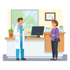 A doctor in a white coat and a stethoscope talking to a female patient at the reception desk.