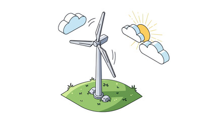 Isometric Illustration of a Wind Turbine on a Hilltop.