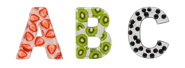 Fruit Alphabet. A set of letters A, B, C. Realistic letter shape made of colorless gel with berries inside on a transparent background.