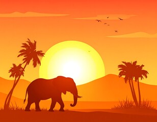 Fototapeta premium Silhouette elephant at sunset in a tropical landscape