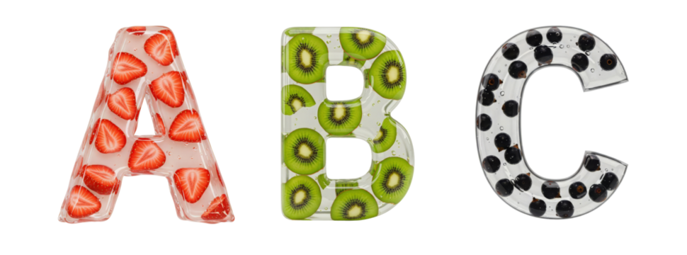Fruit Alphabet. A set of letters A, B, C. Realistic letter shape made of colorless gel with berries inside on a transparent background. - Powered by Adobe