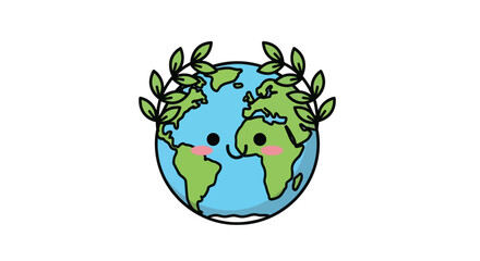 Cute cartoon Planet Earth with a kawaii face wearing a green laurel wreath.