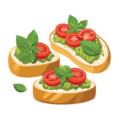 Bruschetta with fresh tomatoes, basil, and cheese, on toasted bread slices - Vector Illustration