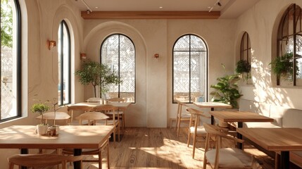 Minimalist cafe interior with arched windows and wooden furniture
