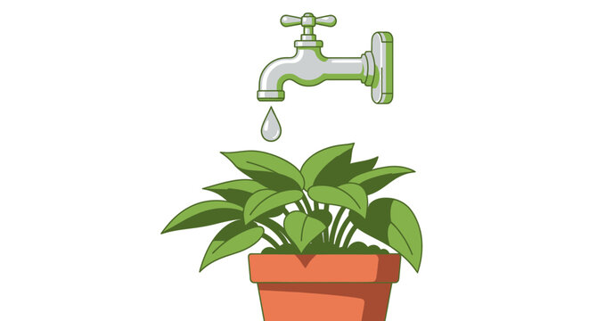 Cartoon Faucet Dripping Water onto Potted Green Plant.