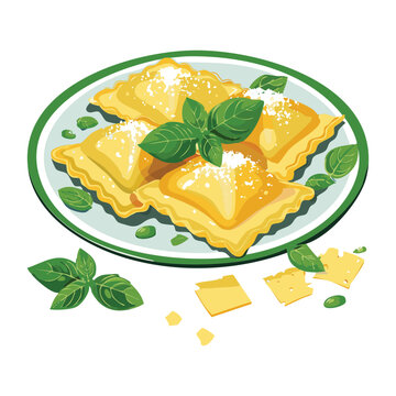 Classic italian ravioli with fresh basil, topped with shaved cheese on a green plate - Vector Illustration
