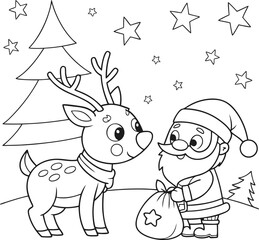 Santa Claus Illustration: A cheerful Santa Claus in his traditional red suit and carrying a large sack, presented with a colored version and a line art version. Perfect for Christmas cards