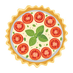A delicious tomato tart with basil leaves on a golden plate. A perfect appetizer or light lunch - Vector Illustration
