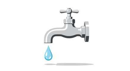 Silver Faucet with Dripping Water Drop Illustration.