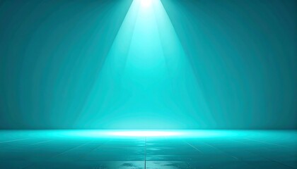 A teal-colored empty space, illuminated by a spotlight, creating a dramatic and modern presentation backdrop.
