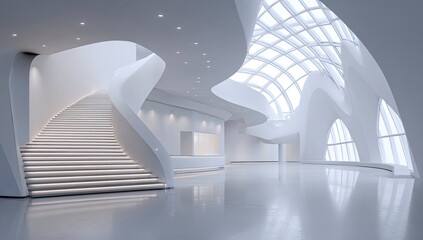 Obraz premium Modern white building interior with curved staircase