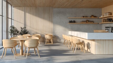 Minimalist coffee shop interior with wooden furniture and concrete design
