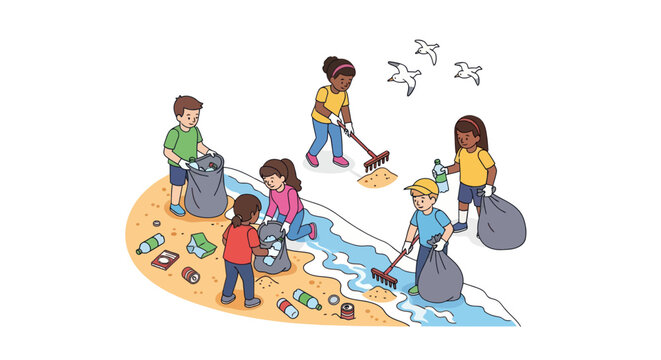 Children Cleaning Up Trash on a Beach Promoting Environmental Awareness and Community Service.