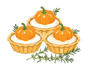  delicious mini pumpkin pies or tarts with whipped cream and mint, a lovely seasonal treat - Vector Illustration