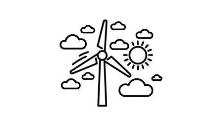 Simple Black and White Wind Turbine Icon Surrounded by Clouds and Sun.