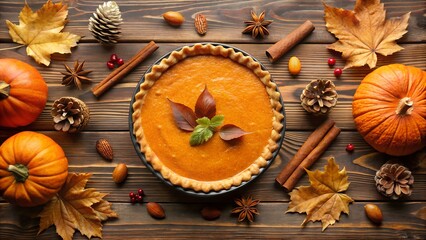 Overhead view of a delicious pumpkin pie surrounded by mini pumpkins, cinnamon sticks, star anise, pine cones, and autumn leaves on a wooden surface