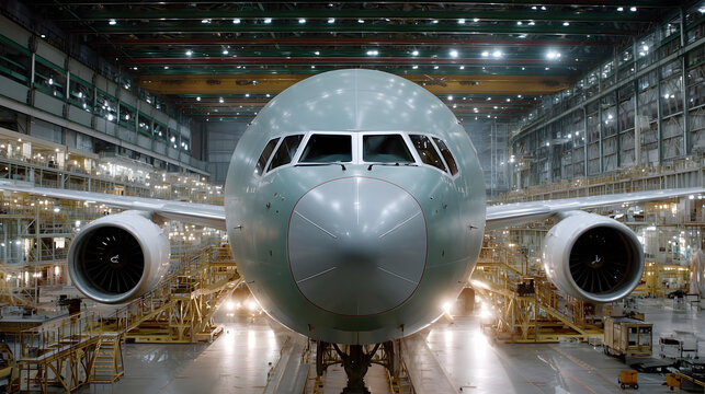 Cinematic aerial shot of a massive, wide-body passenger jet during its final assembly stage in a giant hangar.