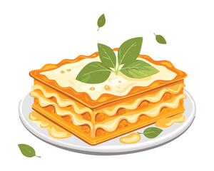 A mouthwatering slice of layered pumpkin lasagna, covered in a smooth cream sauce, and garnished with fresh basil - Vector Illustration