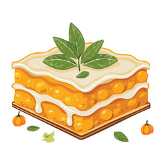 A golden slice of layered pumpkin lasagna, topped with creamy sauce and fresh basil, a comforting and hearty meal - Vector Illustration